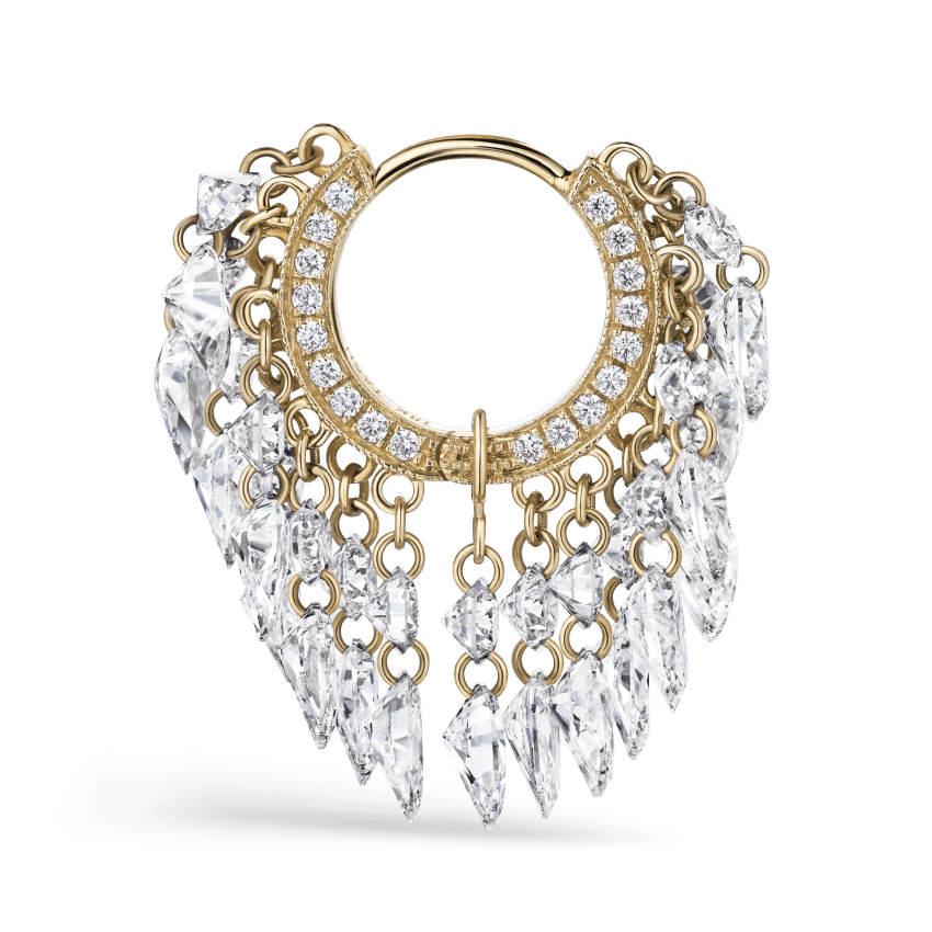 Floating Diamond Tassel Hoop Earring Yellow Gold 8mm