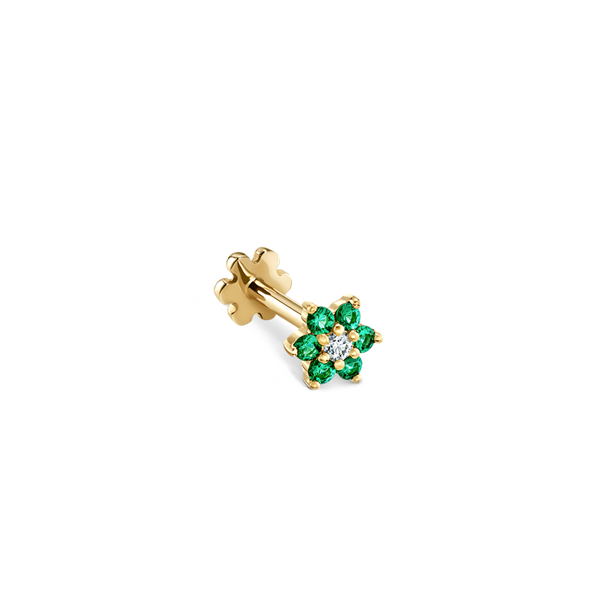 Emerald and Diamond Flower Threaded Stud Earring Yellow Gold 4.5mm