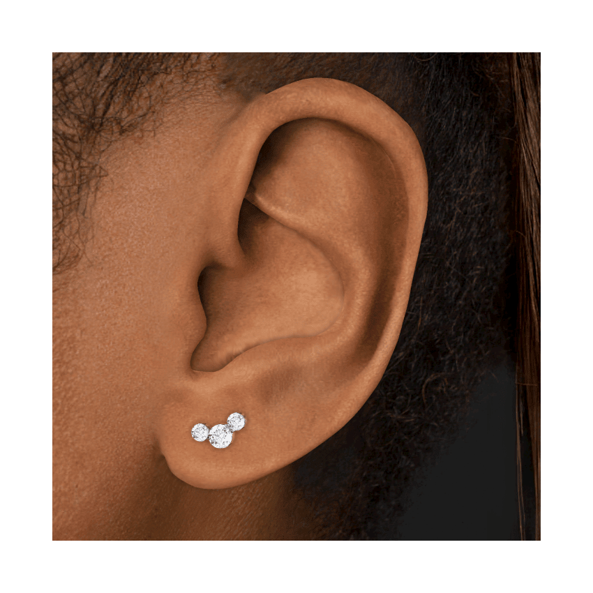 Invisible Set Three Diamond Curve Threaded Stud Earring Yellow Gold