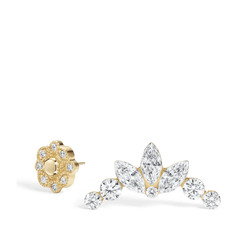 Invisible Set Diamond Lotus Garland Threaded Stud Earring Yellow Gold