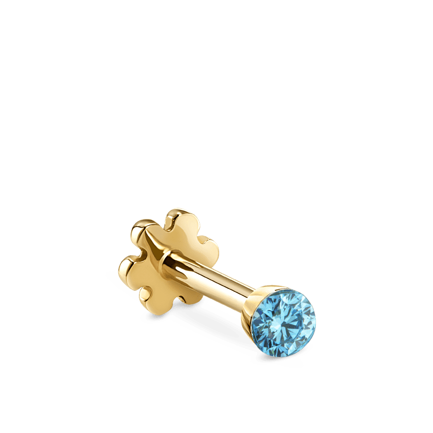 Invisible Set Light Blue Diamond Threaded Stud Earring Yellow Gold 1.5mm