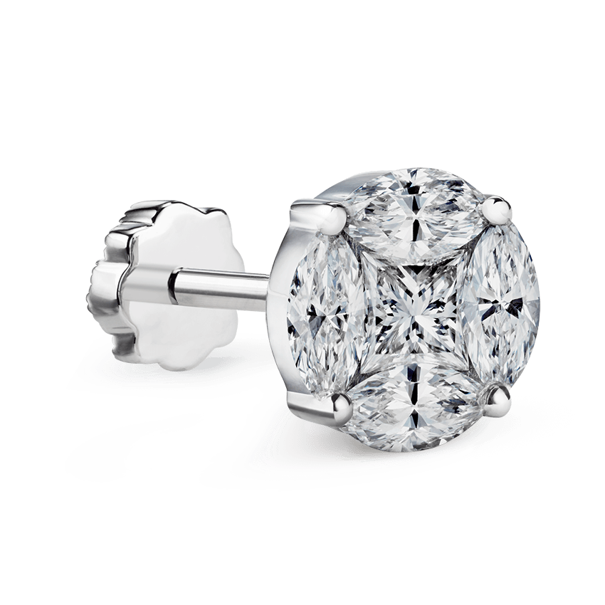 Diamond Cluster Threaded Stud Earring White Gold 10mm