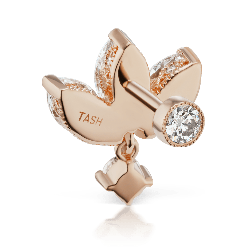 Diamond Engraved Lotus with Dangle Threaded Stud Earring Rose Gold 6mm