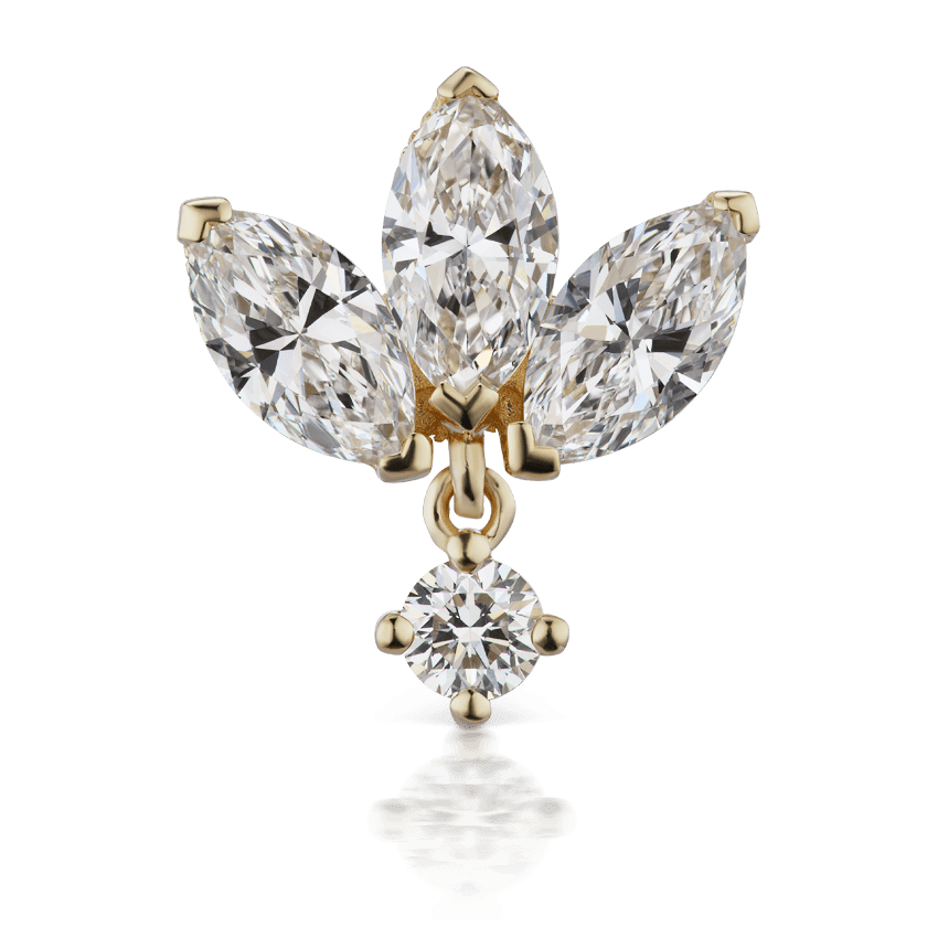 Diamond Engraved Lotus with Dangle Threaded Stud Earring Yellow Gold 6mm