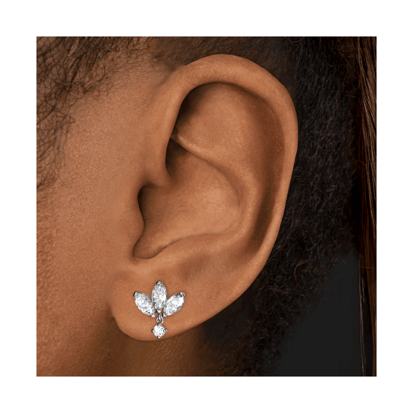 Diamond Engraved Lotus with Dangle Threaded Stud Earring Yellow Gold 6mm