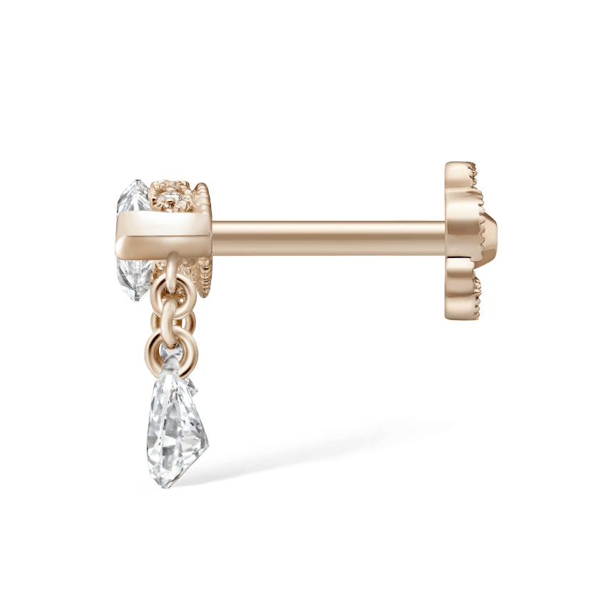 Triple Teardrop Marquise Diamond Threaded Stud Earring Rose Gold 8mm Right