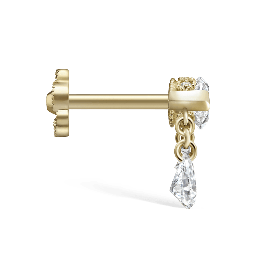 Triple Teardrop Marquise Diamond Threaded Stud Earring Yellow Gold 8mm Left