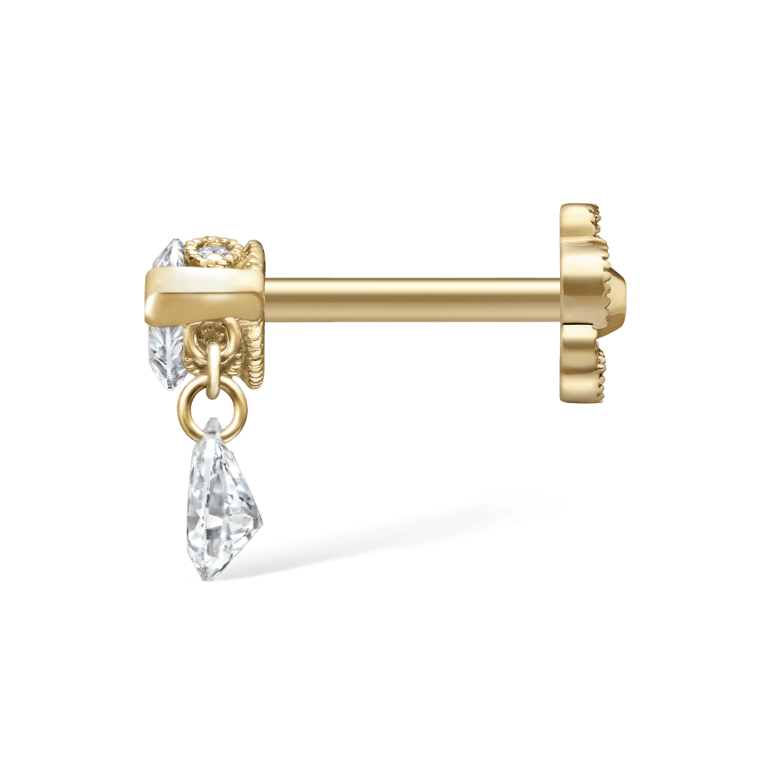 Single Teardrop Marquise Diamond Threaded Stud Earring Yellow Gold 8mm Right