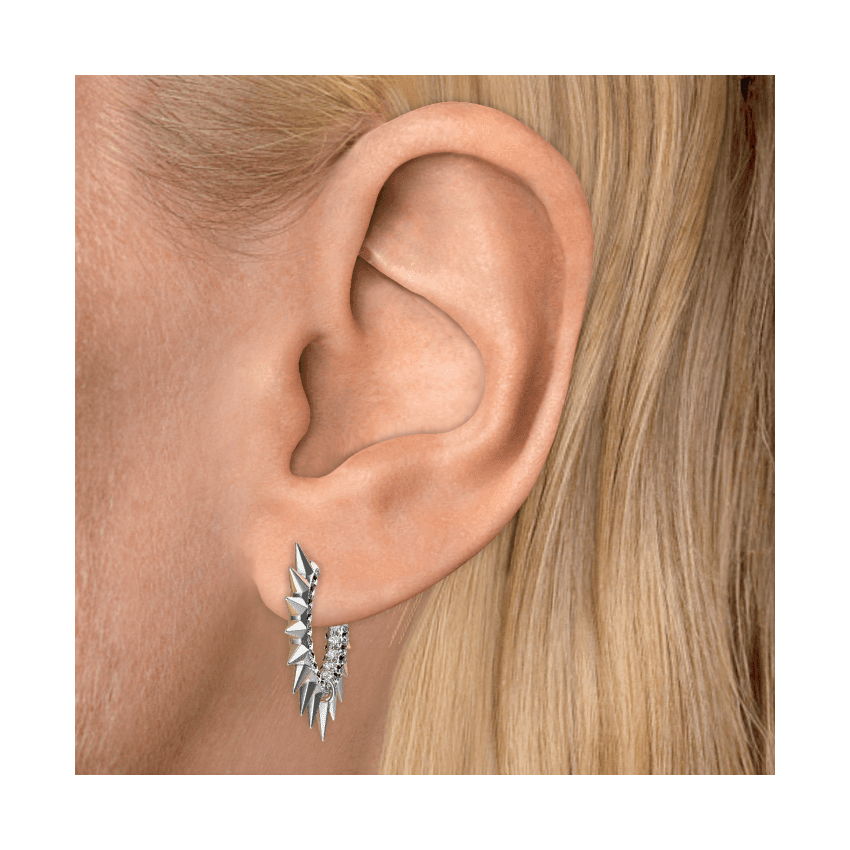 Metal Mohawk with Black and White Diamond Pavé Hoop Earring White Gold 11mm