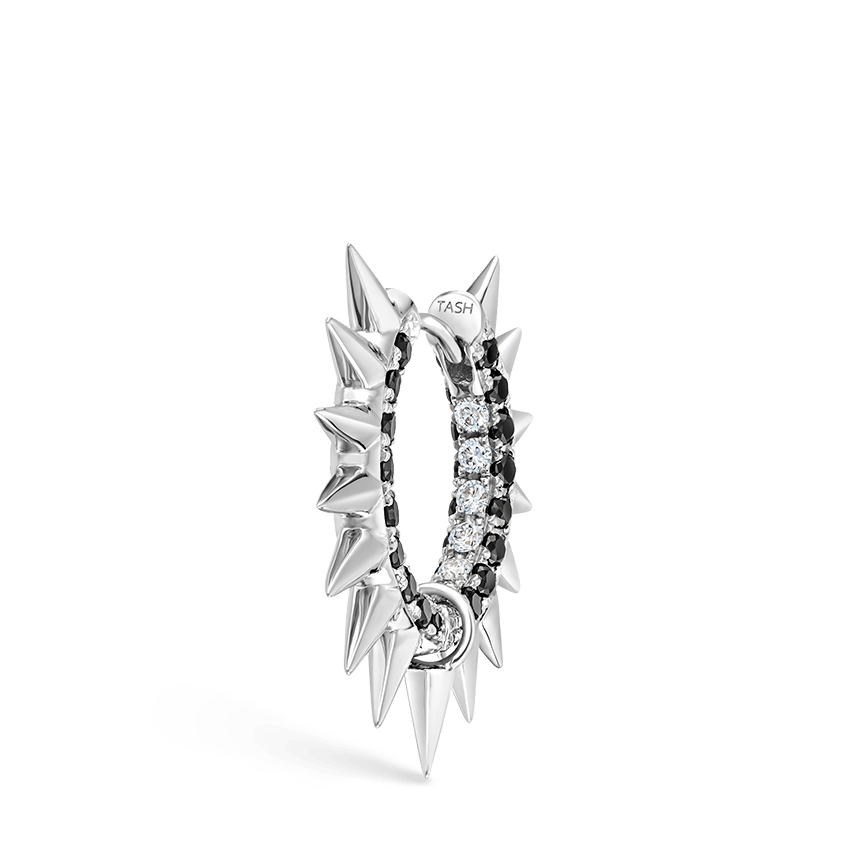 Metal Mohawk with Black and White Diamond Pavé Hoop Earring White Gold 9.5mm
