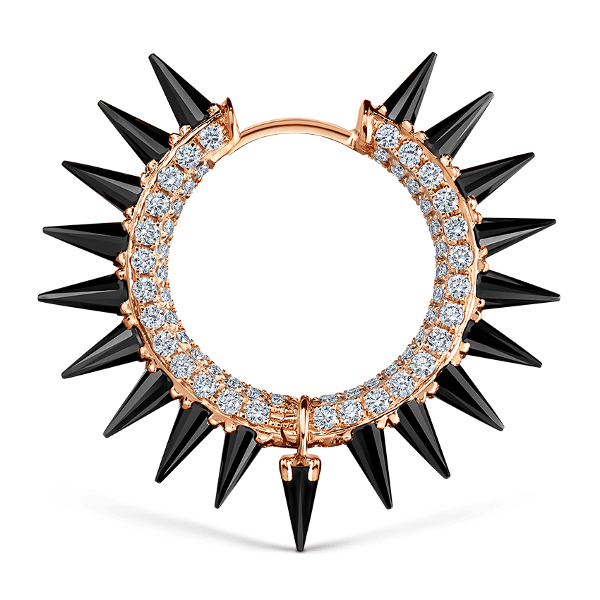 Black Moissanite Mohawk and Diamond Pavé Hoop Earring Rose Gold 12.5mm