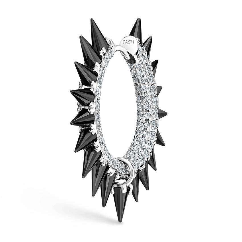 Black Moissanite Mohawk and Diamond Pavé Hoop Earring White Gold 12.5mm