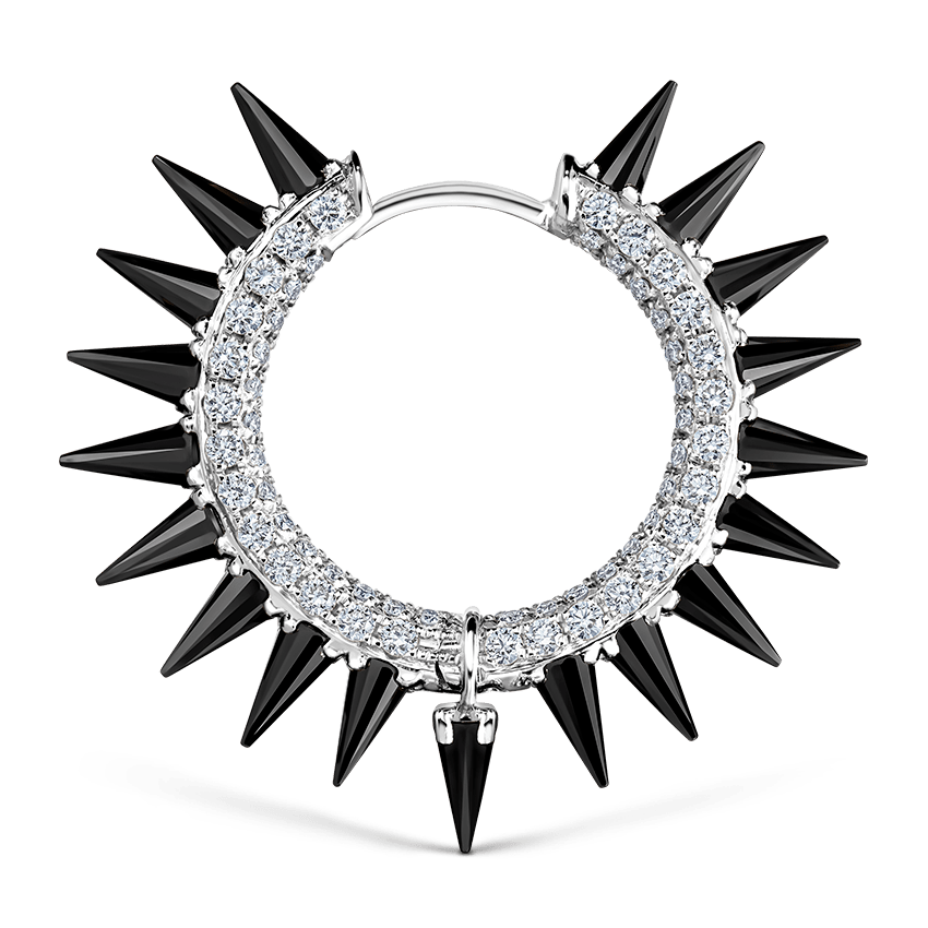 Black Moissanite Mohawk and Diamond Pavé Hoop Earring White Gold 12.5mm