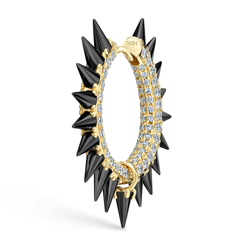 Black Moissanite Mohawk and Diamond Pavé Hoop Earring Yellow Gold 12.5mm