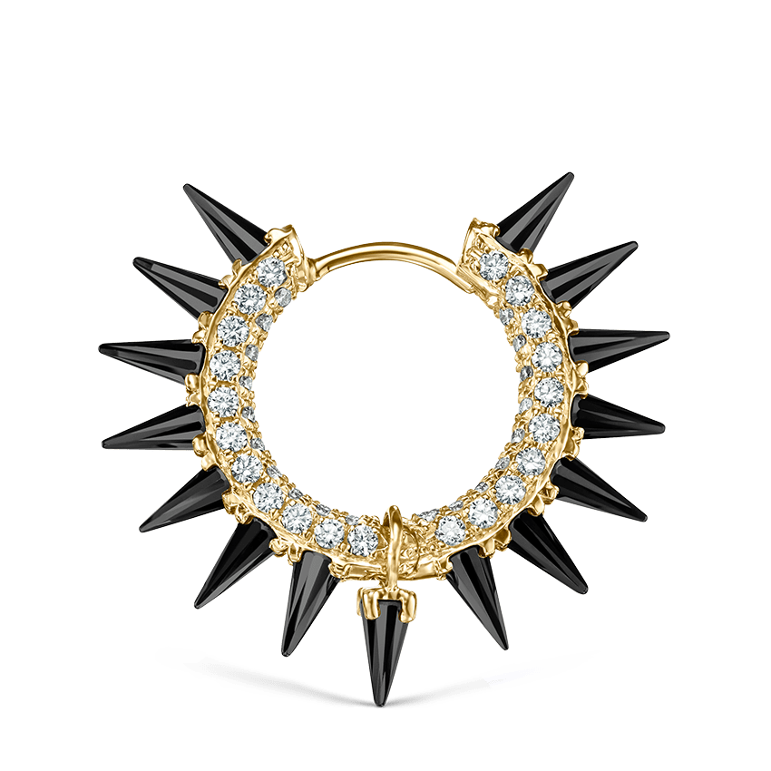 Black Moissanite Mohawk and Diamond Pavé Hoop Earring Yellow Gold 9.5mm