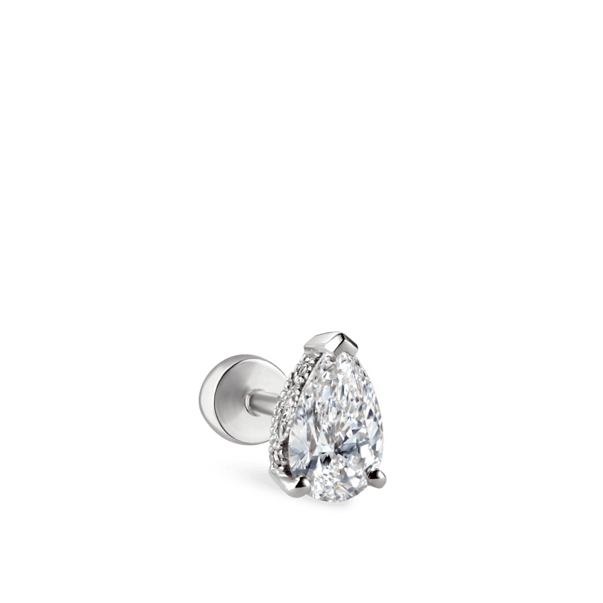 Pear Diamond Threaded Stud Earring, Diamond Back White Gold 6mm
