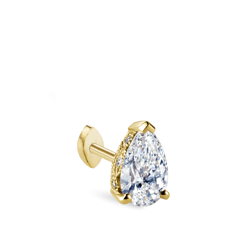 Pear Diamond Threaded Stud Earring, Marquise Diamond Back Yellow Gold 7mm