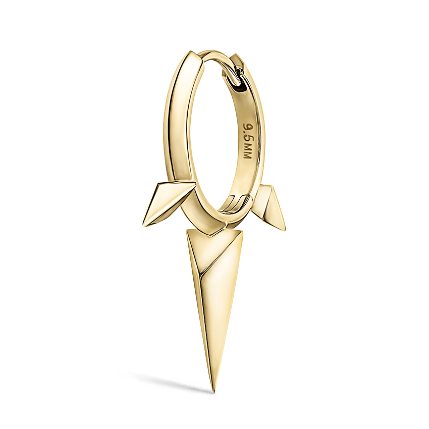 Faceted Triple Long Spike Hoop Earring Yellow Gold 9.5mm