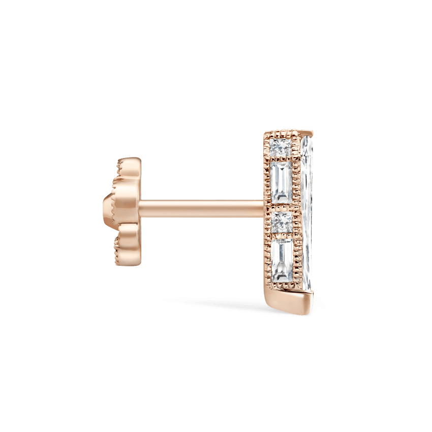 Engraved Silhouette Diamond Threaded Stud Earring Rose Gold 8mm