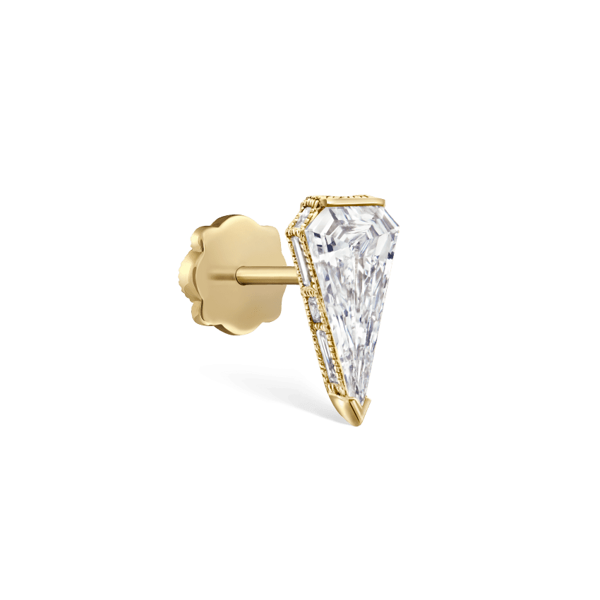 Engraved Silhouette Diamond Threaded Stud Earring Yellow Gold 8mm