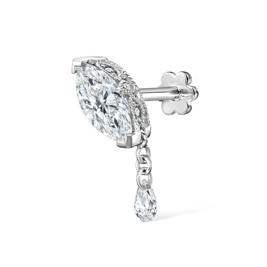 Single Teardrop Marquise Diamond Threaded Stud Earring White Gold 7mm