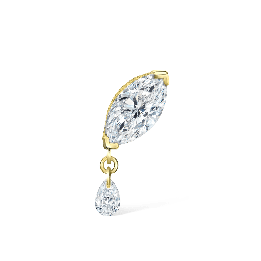 Single Teardrop Marquise Diamond Threaded Stud Earring Yellow Gold 7mm