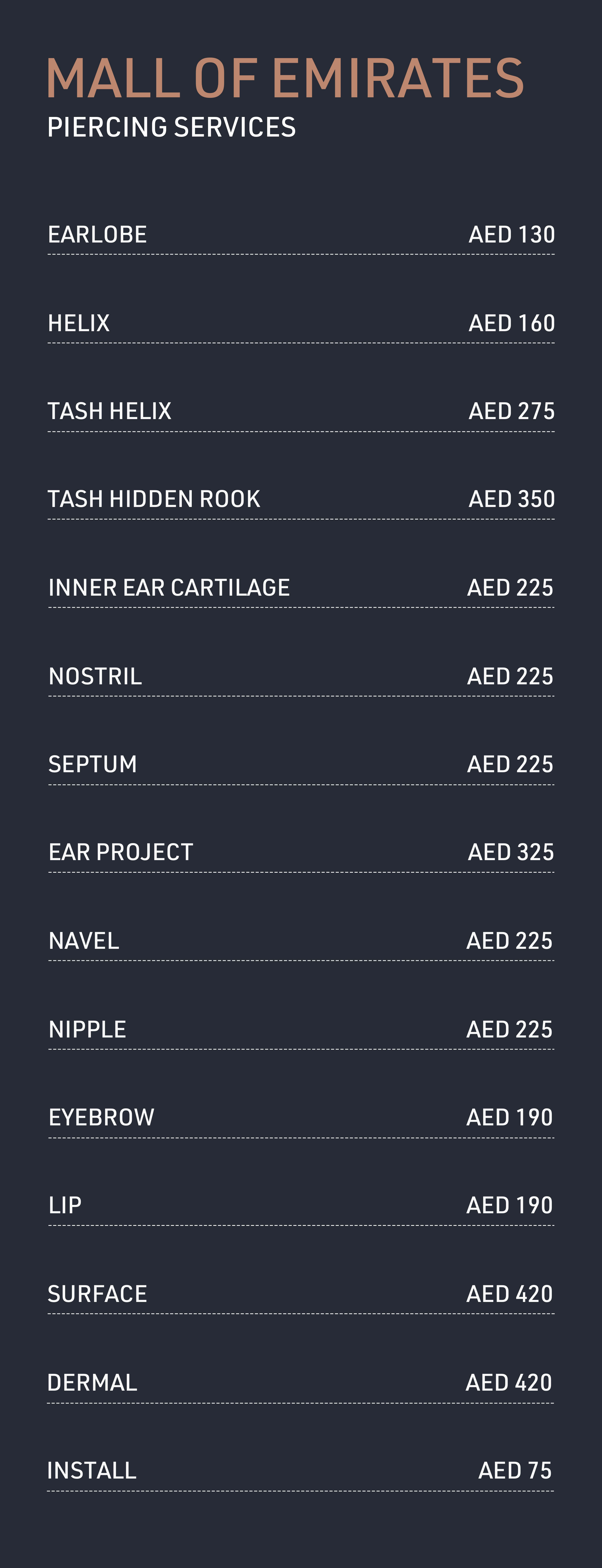 Dubai Piercing prices for earlobe, helix, body, nostril, nipple, cartilage piercings