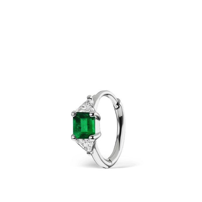 3mm Emerald and Diamond Princess Triangle Hoop (Non Rotating) White Gold 6.5mm