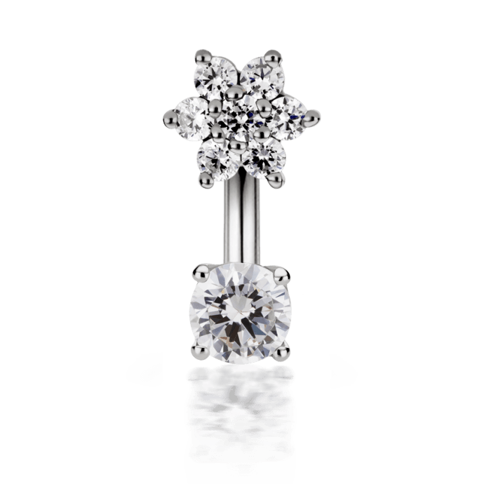 Cubic Zirconia Flower and Prong Set Cubic Zirconia Rook Barbell White Gold 4.5mm / 3mm 6.5mm+16 Gauge = 1.3mm