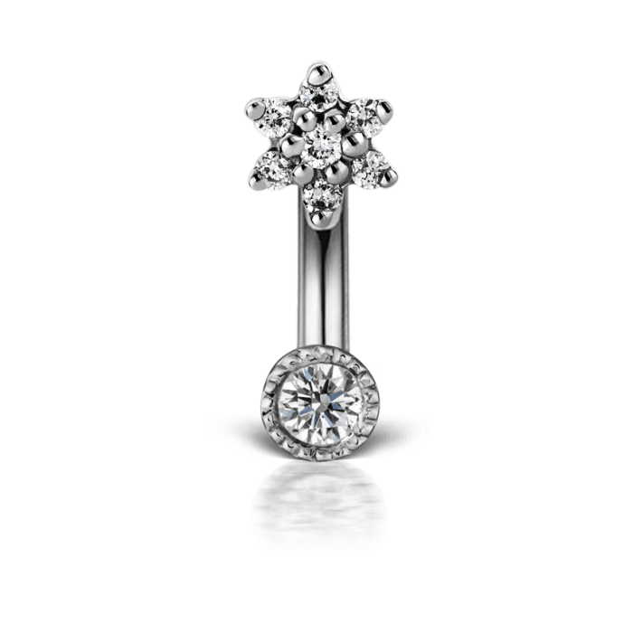 Diamond Flower and Scallop Set Diamond Rook Barbell White Gold 3mm / 2mm 6.5mm+16 Gauge = 1.3mm