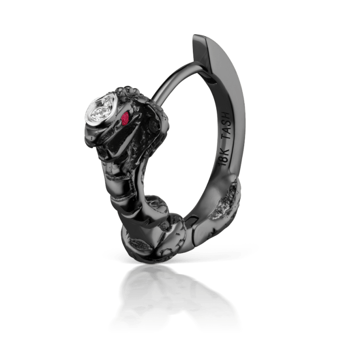 Cobra with Diamond Head and Ruby Eyes Hoop Earring Black Gold 9.5mm Diamond Hood