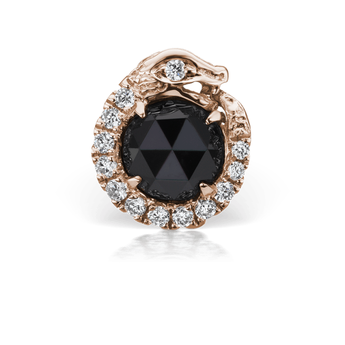 Black and White Diamond Pavé Ouroboros Threaded Stud Earring Rose Gold 4mm
