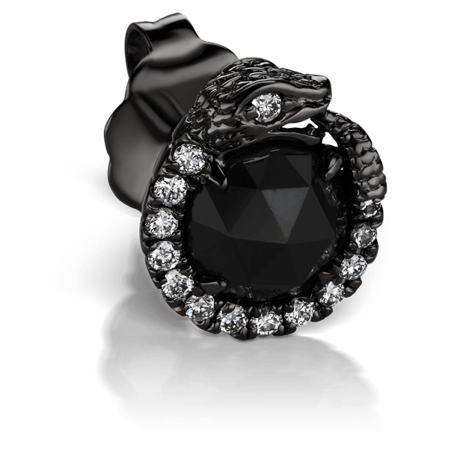 Black and White Diamond Pavé Pronged Ouroboros Stud Earring Black Gold 5mm