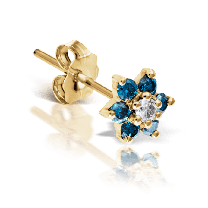 Blue Diamond Flower Stud Earring Yellow Gold 4.5mm