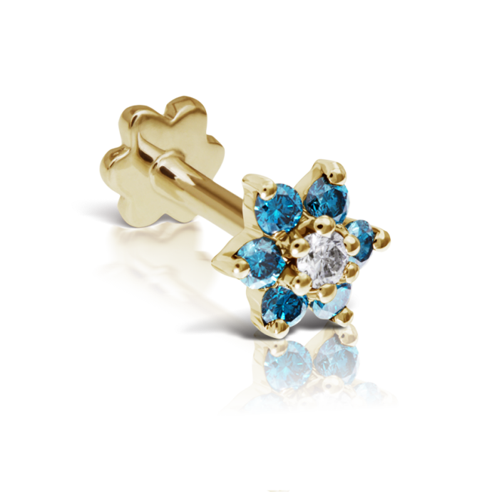 Blue Diamond Flower Threaded Stud Earring Yellow Gold 4.5mm