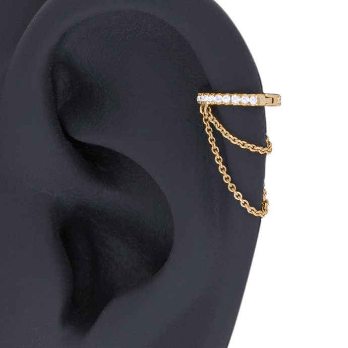 Diamond Eternity with Two Chains Hoop Earring Yellow Gold 6.5mm Left