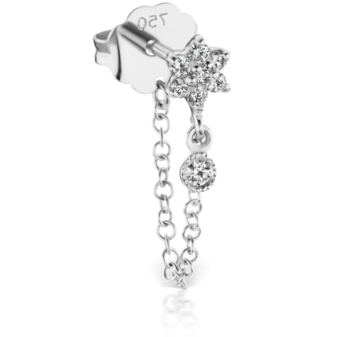 Diamond Flower Chain Wrap Stud Earring with Dangle White Gold 4.5mm