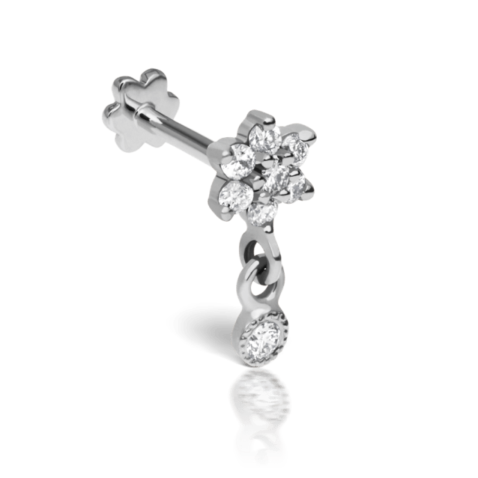 Diamond Flower with Dangle Threaded Stud Earring White Gold 4.5mm