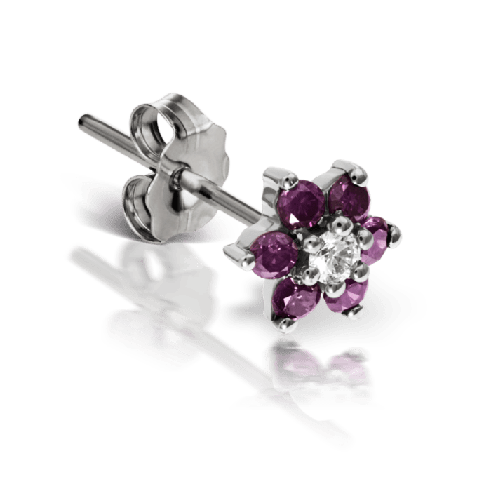 Rose Purple Diamond Flower Stud Earring White Gold 4.5mm
