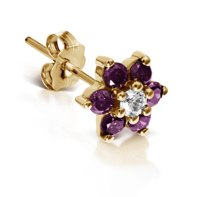 Rose Purple Diamond Flower Stud Earring Yellow Gold 7mm