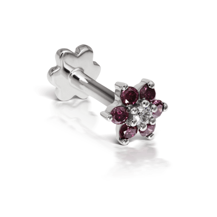 Rose Purple Diamond Flower Threaded Stud Earring White Gold 4.5mm