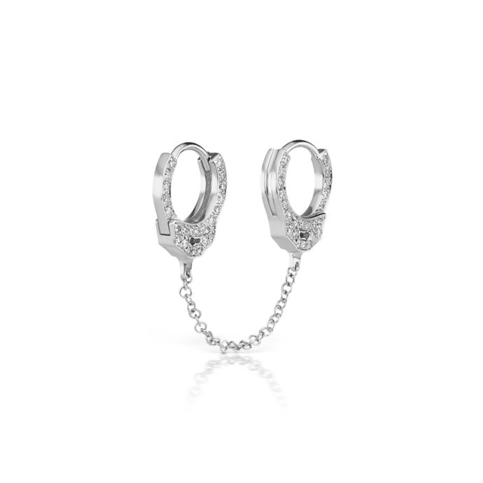 Double sided Diamond Handcuff with Medium Chain Hoop Earring White Gold 6.5mm