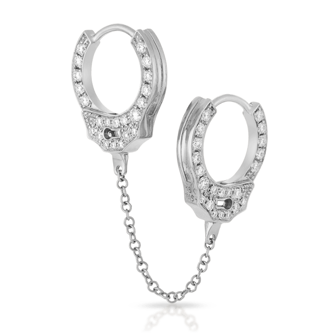 Double sided Diamond Handcuff with Medium Chain Hoop Earring White Gold 8mm