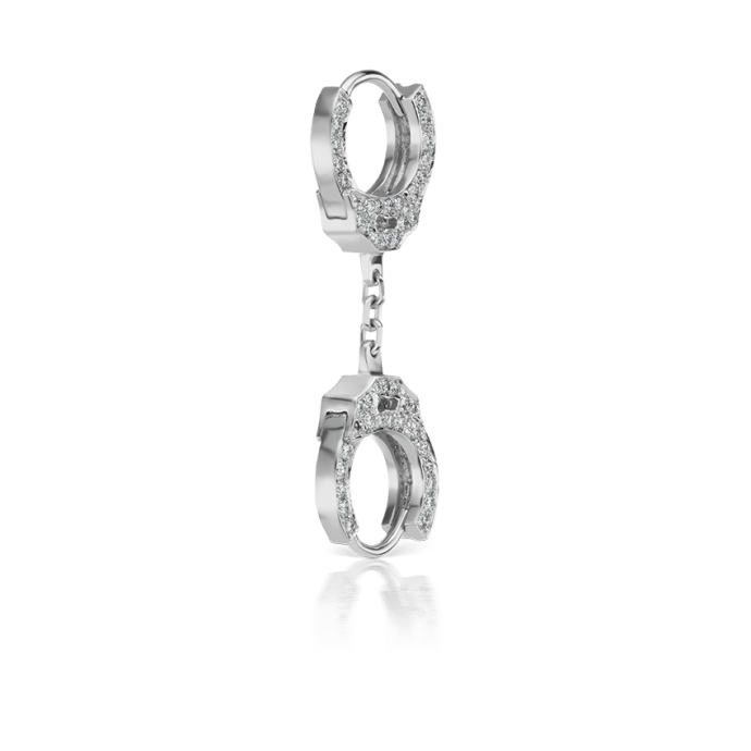 Double sided Diamond Handcuff Hoop Earring with Short Chain White Gold 6.5mm