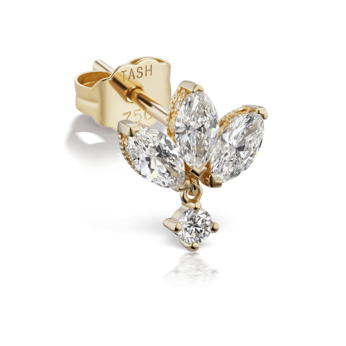 Diamond Engraved Lotus Dangle Stud Earring Yellow Gold 6mm
