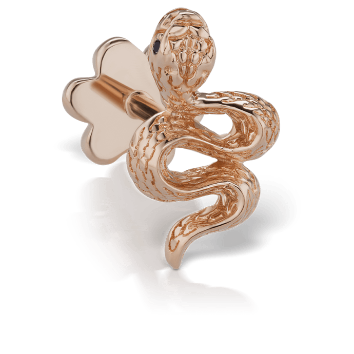 Engraved Snake with Black Diamond Eyes Threaded Stud Earring Rose Gold 10mm Left