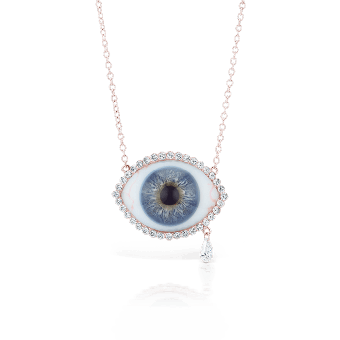 Invisible Set Diamond Halo Teardrop Eye Necklace Rose Gold Blue