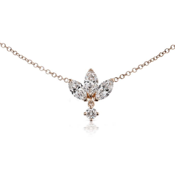 Large Engraved Diamond Lotus with Diamond Dangle Necklace Rose Gold