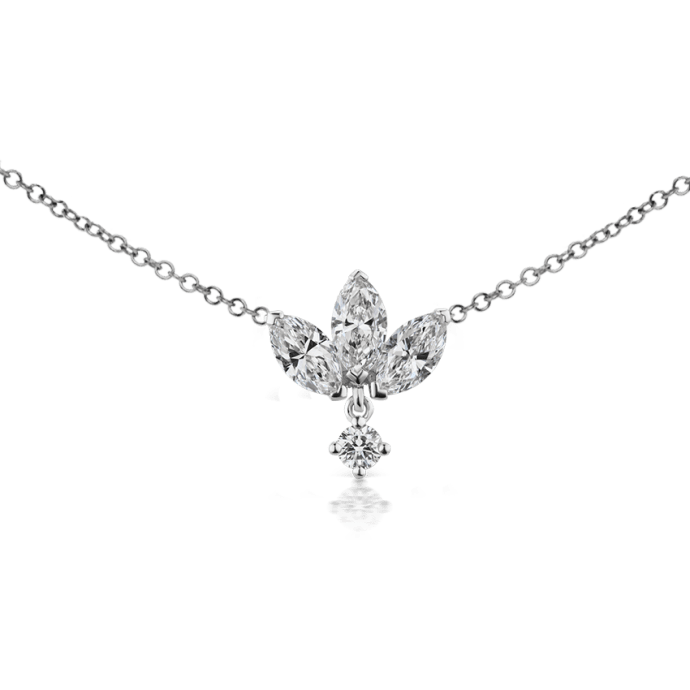 Large Engraved Diamond Lotus with Diamond Dangle Necklace White Gold