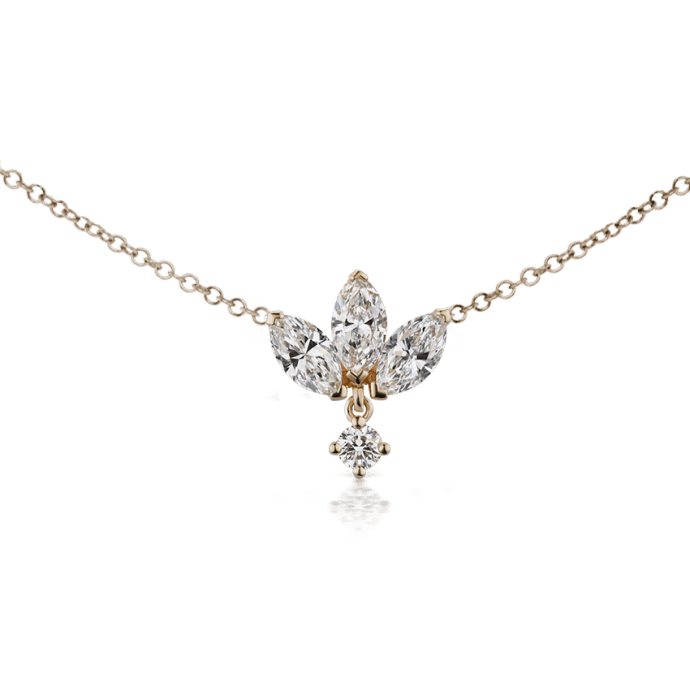 Large Engraved Diamond Lotus with Diamond Dangle Necklace Yellow Gold
